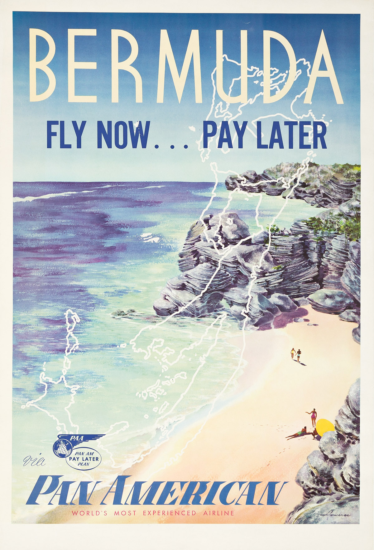 LOWEREE (DATES UNKNOWN).  BERMUDA / FLY NOW . . . PAY LATER / PAN AMERICAN. Circa 1950. 41¼x27¾ inches, 104¾x70½ cm.